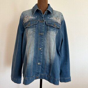 Isabel Hayley Women's Size 14 Vintage Wash Embroidered Beaded Denim Jacket
